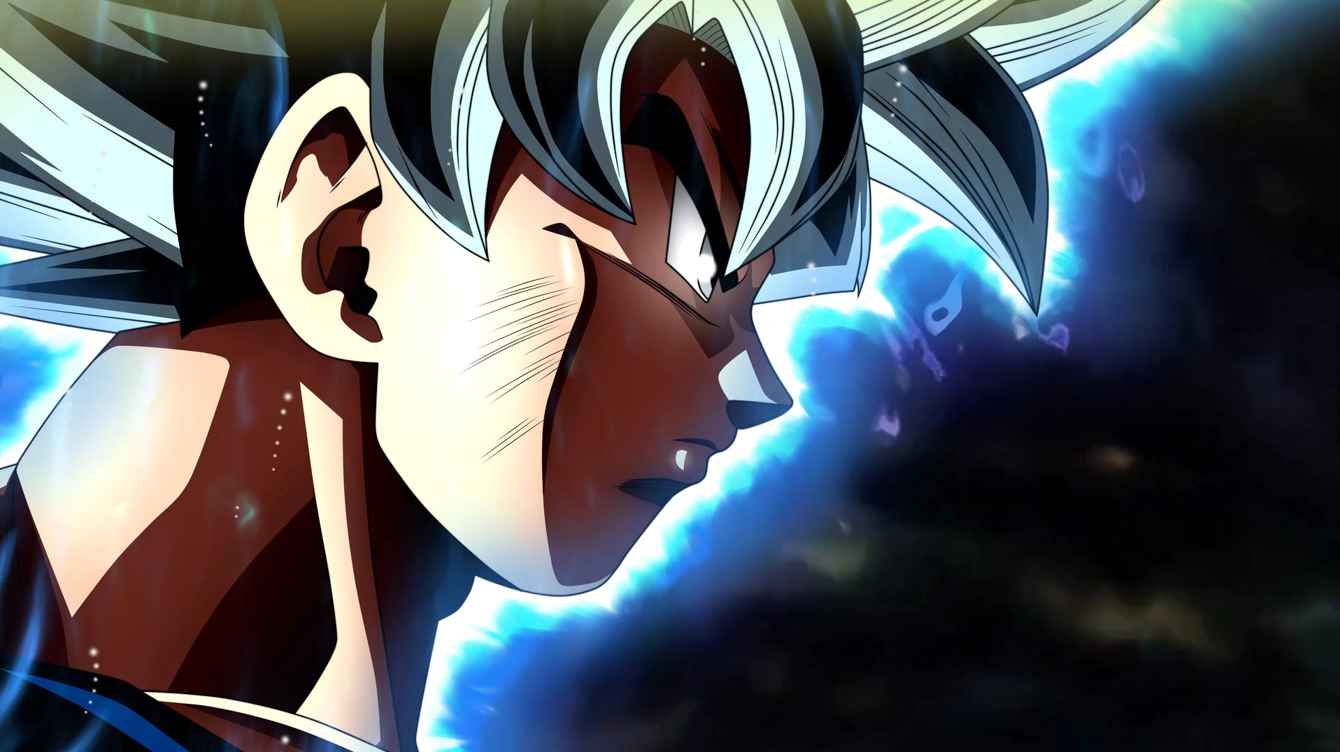 Ảnh Goku đạt đến cảnh giới Bản Năng Vô Cực với mái tóc bạc và hào quang thần thánh
