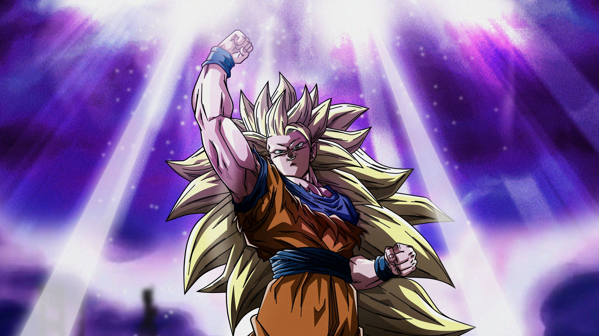 Ảnh Goku Super Saiyan 3 với mái tóc vàng dài và luồng sét bao quanh đầy uy lực