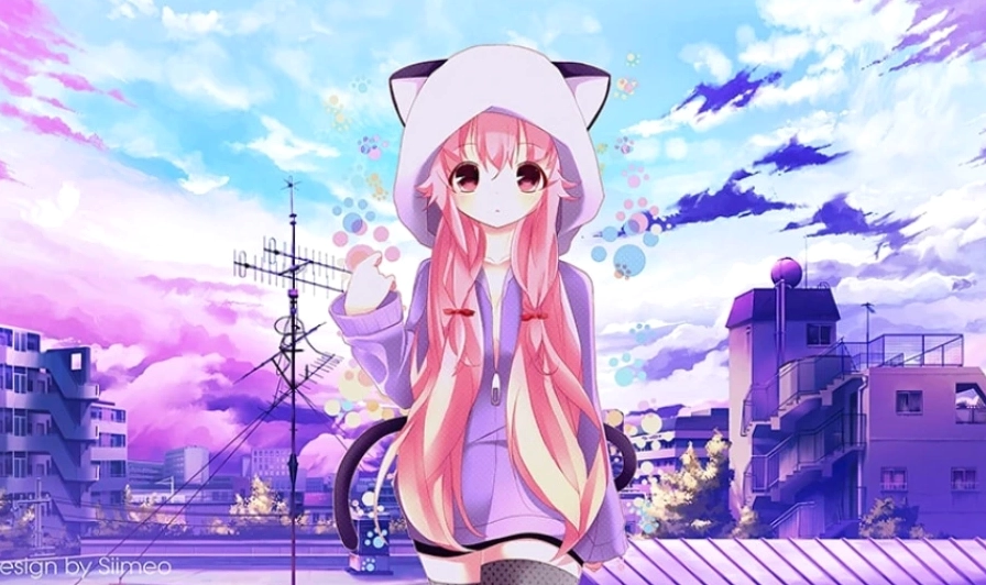 Hình nền máy tính Anime cute một cô gái với đồ ăn vặt