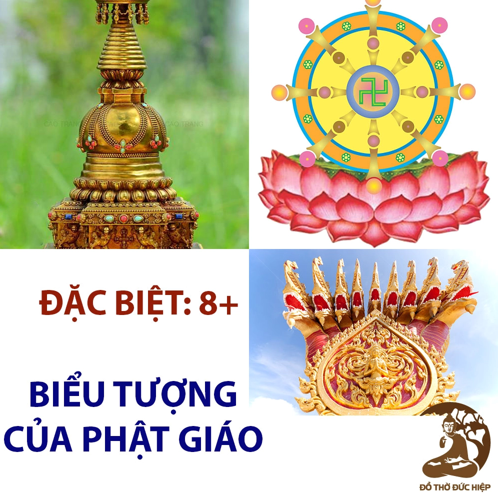 Ảnh nền biểu tượng Phật giáo đa dạng, có cả tượng Phật và các pháp khí