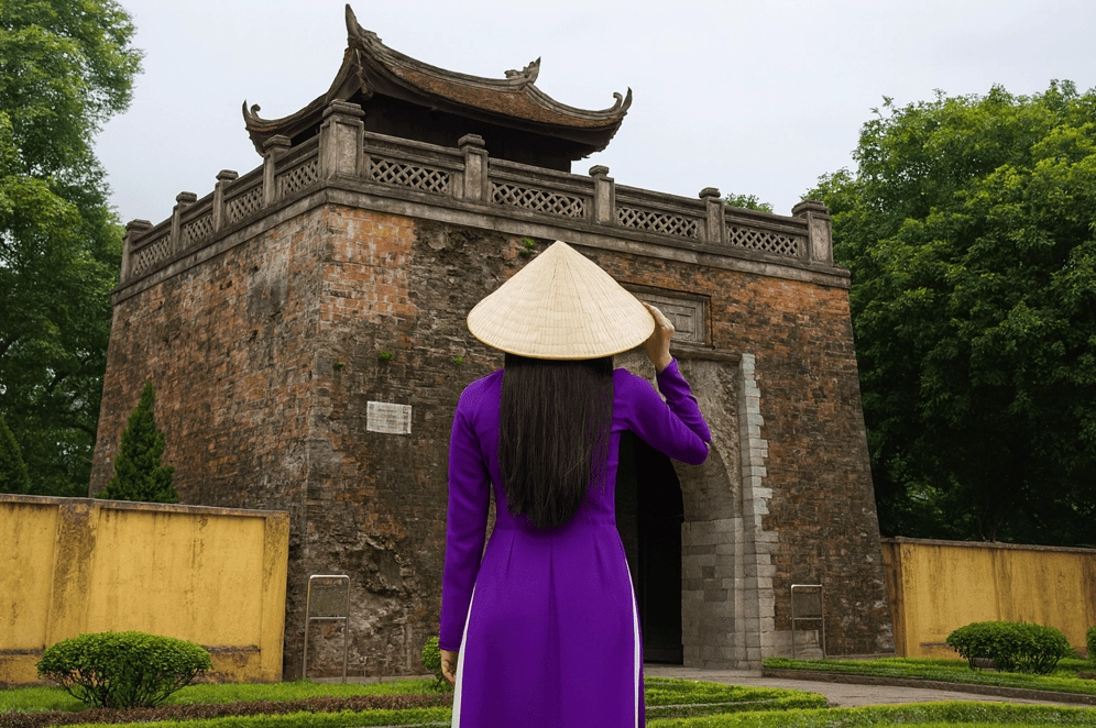 Các bạn trẻ trong tà áo dài check-in tại Hoàng thành Thăng Long, tạo nên khung cảnh hoài cổ và duyên dáng