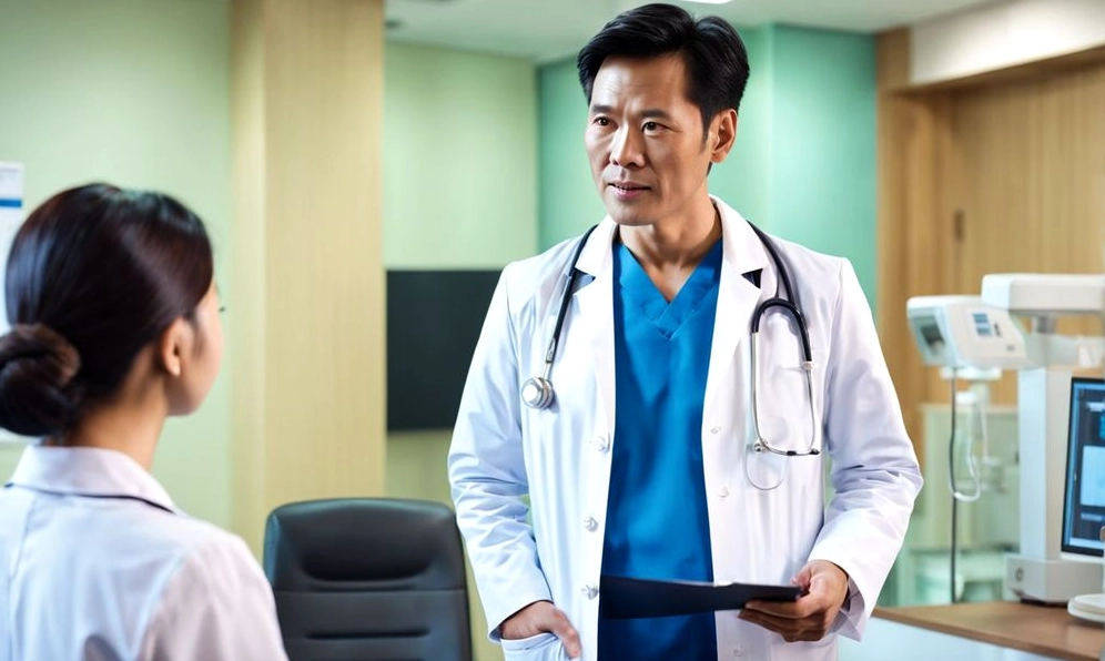 Một người đang được bác sĩ khám vùng cổ để kiểm tra tuyến giáp