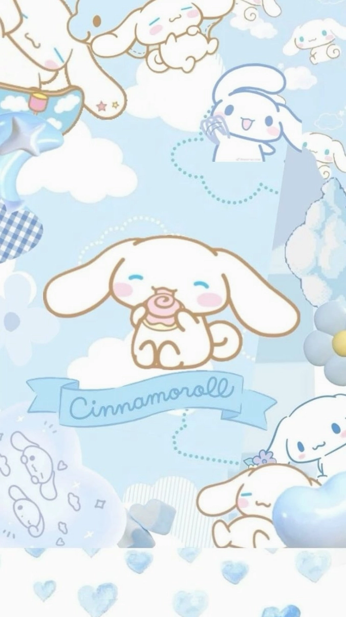 Wallpaper Cinnamoroll đang bay trên cầu vồng rực rỡ sau cơn mưa.